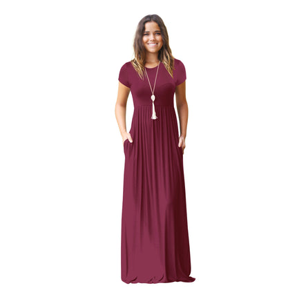 Women's Short Sleeve Loose Plain Casual Maxi Dresses Crew Neck Long Dress with Pockets