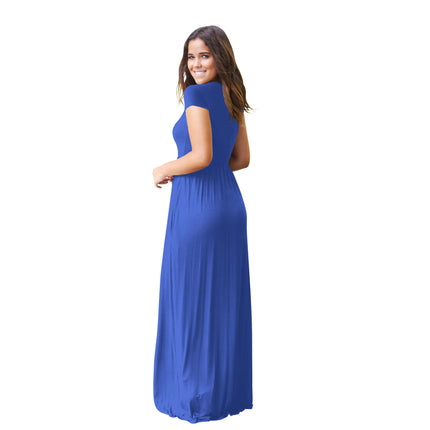 Women's Short Sleeve Loose Plain Casual Maxi Dresses Crew Neck Long Dress with Pockets