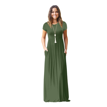 Women's Short Sleeve Loose Plain Casual Maxi Dresses Crew Neck Long Dress with Pockets