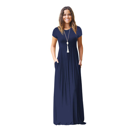 Women's Short Sleeve Loose Plain Casual Maxi Dresses Crew Neck Long Dress with Pockets