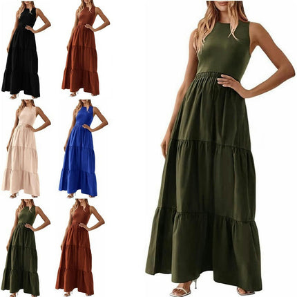 Women's Summer Casual Maxi Dresses Sleeveless Flowy Ruffle Boho Long Dresses with Pockets