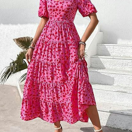 Womens Summer Scoop Neck Puff Short Sleeve Smocked Dress Ruffle Flowy Tiered A Line Maxi Dresses