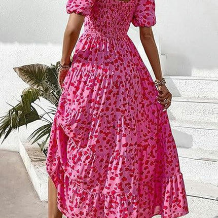 Womens Summer Scoop Neck Puff Short Sleeve Smocked Dress Ruffle Flowy Tiered A Line Maxi Dresses