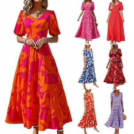 Womens Summer Scoop Neck Puff Short Sleeve Smocked Dress Ruffle Flowy Tiered A Line Maxi Dresses