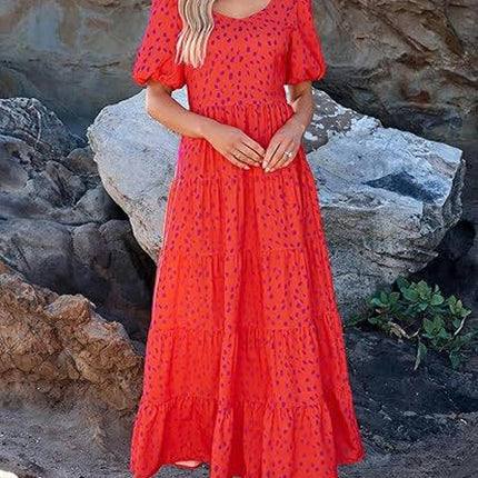 Womens Summer Scoop Neck Puff Short Sleeve Smocked Dress Ruffle Flowy Tiered A Line Maxi Dresses