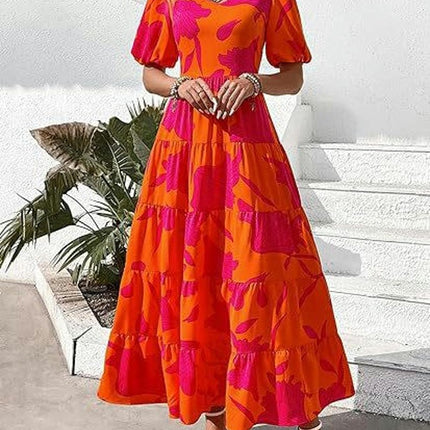 Womens Summer Scoop Neck Puff Short Sleeve Smocked Dress Ruffle Flowy Tiered A Line Maxi Dresses