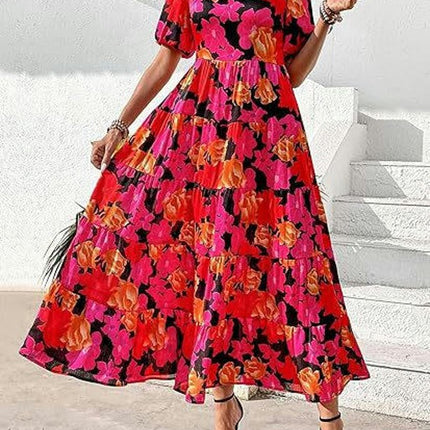 Womens Summer Scoop Neck Puff Short Sleeve Smocked Dress Ruffle Flowy Tiered A Line Maxi Dresses