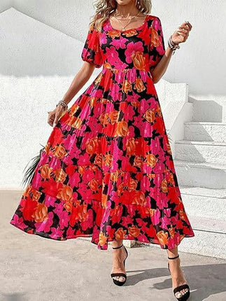 Womens Summer Scoop Neck Puff Short Sleeve Smocked Dress Ruffle Flowy Tiered A Line Maxi Dresses