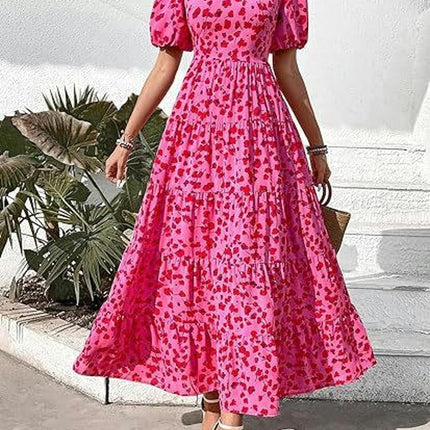 Womens Summer Scoop Neck Puff Short Sleeve Smocked Dress Ruffle Flowy Tiered A Line Maxi Dresses