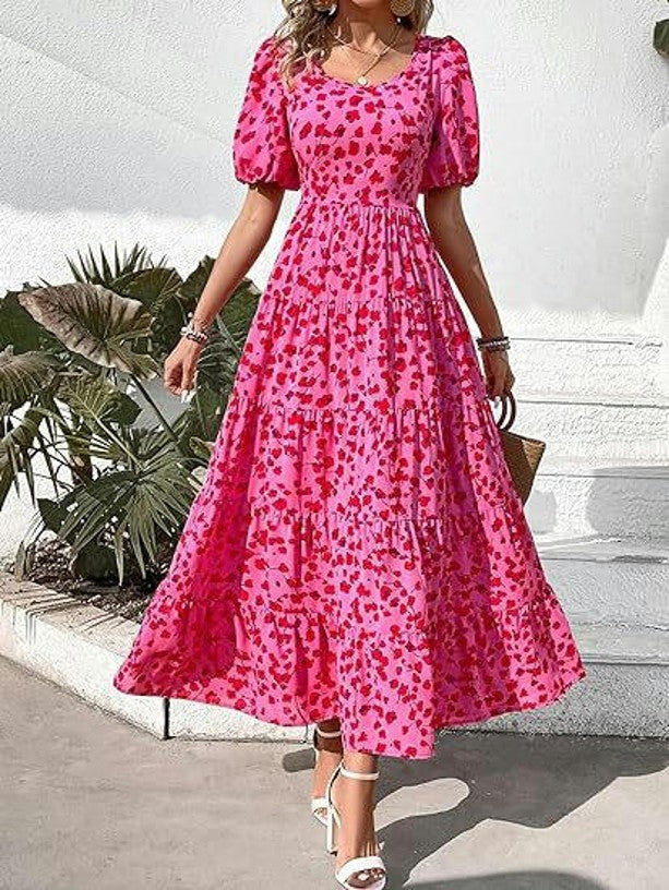 Womens Summer Scoop Neck Puff Short Sleeve Smocked Dress Ruffle Flowy Tiered A Line Maxi Dresses