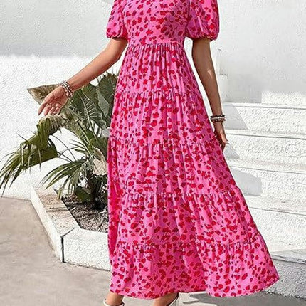 Womens Summer Scoop Neck Puff Short Sleeve Smocked Dress Ruffle Flowy Tiered A Line Maxi Dresses