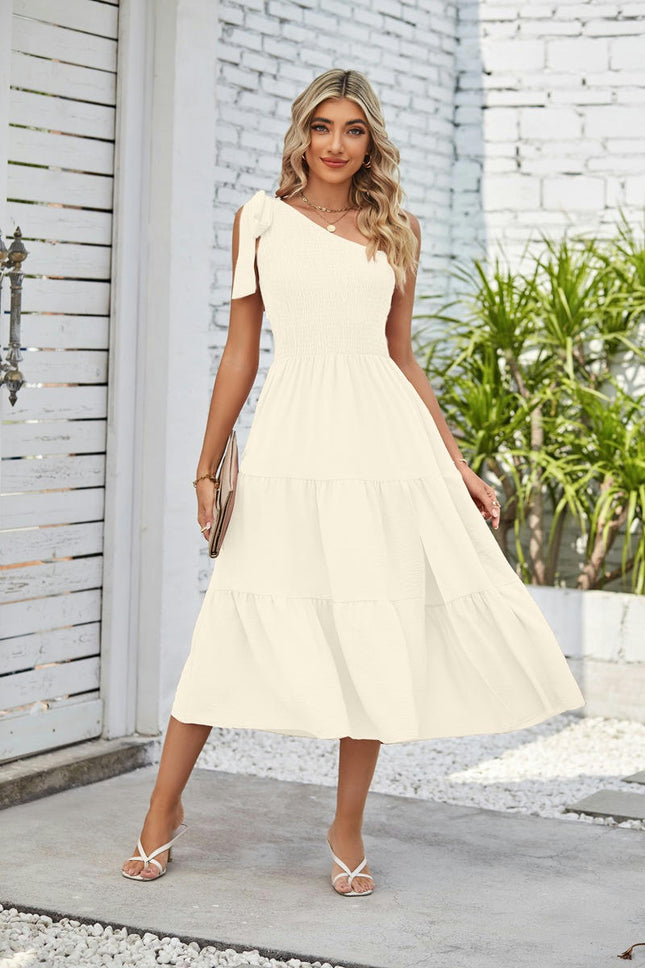 Women's One Shoulder Smocked Tiered Ruffle Sleeveless A-Line Midi Dress