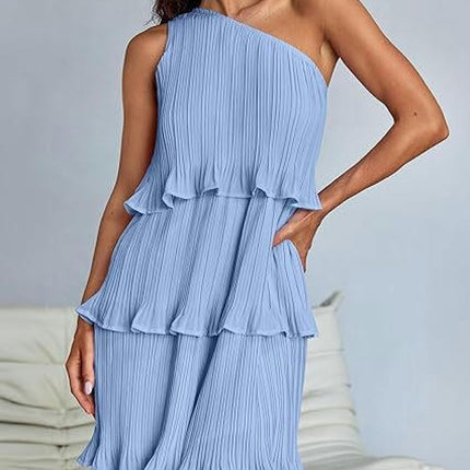 Women's Summer One Shoulder Sleeveless Ruffle Layered Chiffon Pleated Flowy Mini Dress