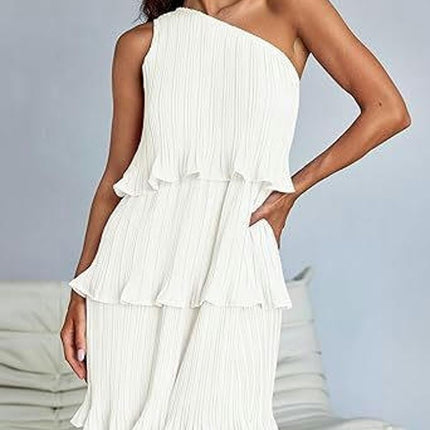 Women's Summer One Shoulder Sleeveless Ruffle Layered Chiffon Pleated Flowy Mini Dress