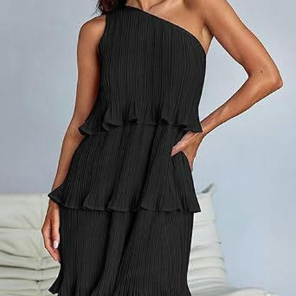 Women's Summer One Shoulder Sleeveless Ruffle Layered Chiffon Pleated Flowy Mini Dress