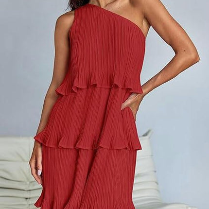 Women's Summer One Shoulder Sleeveless Ruffle Layered Chiffon Pleated Flowy Mini Dress