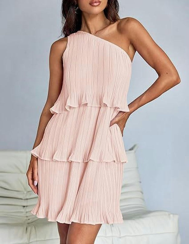 Women's Summer One Shoulder Sleeveless Ruffle Layered Chiffon Pleated Flowy Mini Dress