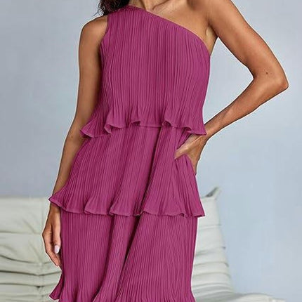 Women's Summer One Shoulder Sleeveless Ruffle Layered Chiffon Pleated Flowy Mini Dress