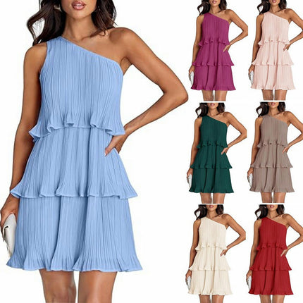 Women's Summer One Shoulder Sleeveless Ruffle Layered Chiffon Pleated Flowy Mini Dress