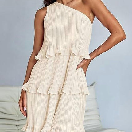 Women's Summer One Shoulder Sleeveless Ruffle Layered Chiffon Pleated Flowy Mini Dress