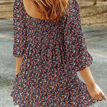 Women's Summer Dresses 3/4 Sleeve Square Neck Flowy A Line Casual Boho Smocked Mini Dress