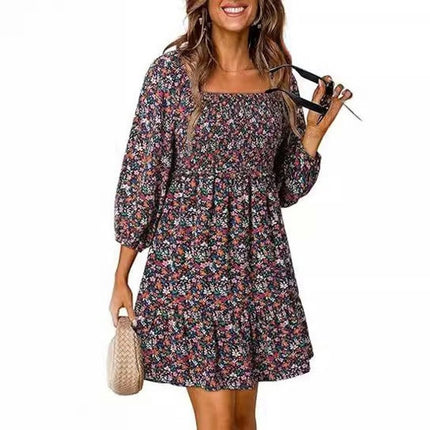 Women's Summer Dresses 3/4 Sleeve Square Neck Flowy A Line Casual Boho Smocked Mini Dress