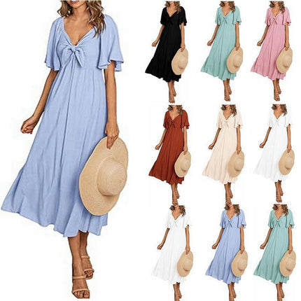 Summer Dress for Women Casual Short Sleeve Bow Tie V Neck Ruffle Midi Flowy Dresses