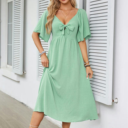 Summer Dress for Women Casual Short Sleeve Bow Tie V Neck Ruffle Midi Flowy Dresses