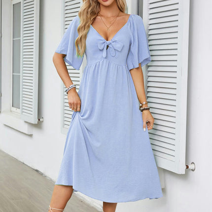 Summer Dress for Women Casual Short Sleeve Bow Tie V Neck Ruffle Midi Flowy Dresses