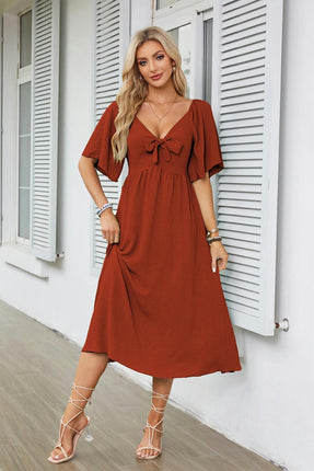 Summer Dress for Women Casual Short Sleeve Bow Tie V Neck Ruffle Midi Flowy Dresses