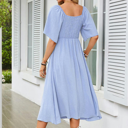 Summer Dress for Women Casual Short Sleeve Bow Tie V Neck Ruffle Midi Flowy Dresses