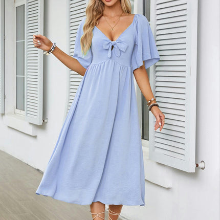 Summer Dress for Women Casual Short Sleeve Bow Tie V Neck Ruffle Midi Flowy Dresses