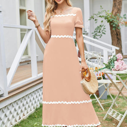 Womens Summer Dresses Square Neck Smocked Puff Short Sleeve A-Line Maxi Dress