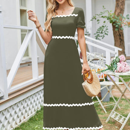 Womens Summer Dresses Square Neck Smocked Puff Short Sleeve A-Line Maxi Dress