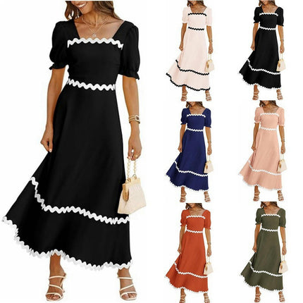 Womens Summer Dresses Square Neck Smocked Puff Short Sleeve A-Line Maxi Dress