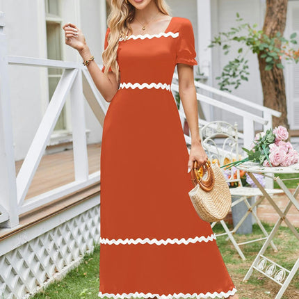 Womens Summer Dresses Square Neck Smocked Puff Short Sleeve A-Line Maxi Dress