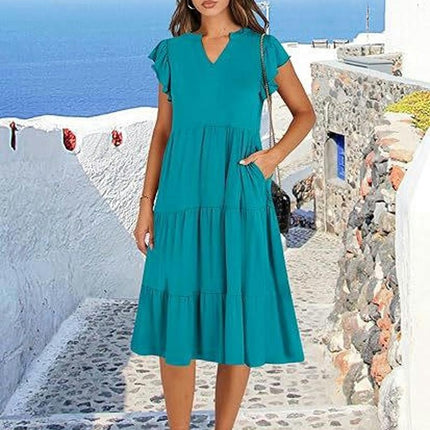 Women's Casual Dress V Neck Ruffle Cap Sleeve Tiered Swing A-Line Midi Dresses