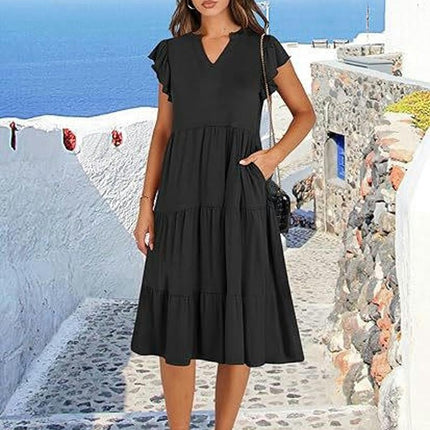 Women's Casual Dress V Neck Ruffle Cap Sleeve Tiered Swing A-Line Midi Dresses