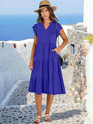 Women's Casual Dress V Neck Ruffle Cap Sleeve Tiered Swing A-Line Midi Dresses