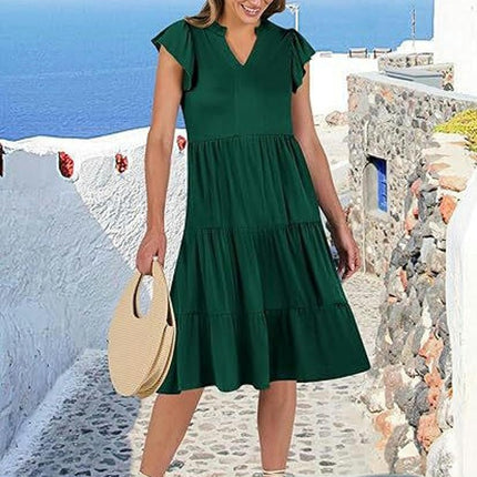 Women's Casual Dress V Neck Ruffle Cap Sleeve Tiered Swing A-Line Midi Dresses