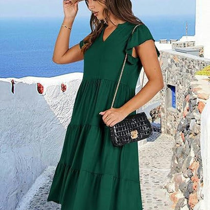 Women's Casual Dress V Neck Ruffle Cap Sleeve Tiered Swing A-Line Midi Dresses