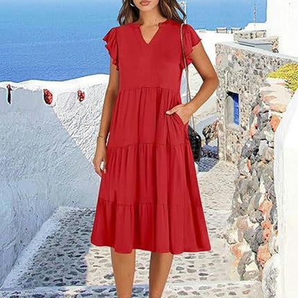 Women's Casual Dress V Neck Ruffle Cap Sleeve Tiered Swing A-Line Midi Dresses