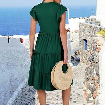 Women's Casual Dress V Neck Ruffle Cap Sleeve Tiered Swing A-Line Midi Dresses