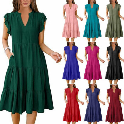 Women's Casual Dress V Neck Ruffle Cap Sleeve Tiered Swing A-Line Midi Dresses