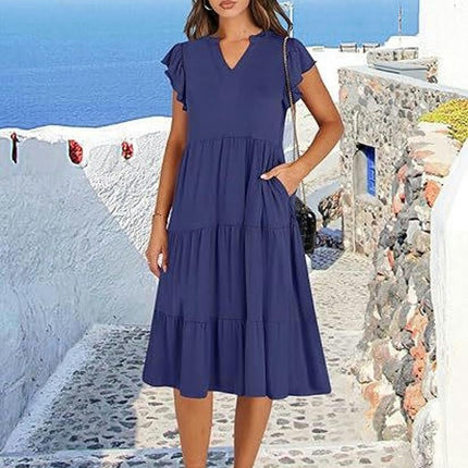 Women's Casual Dress V Neck Ruffle Cap Sleeve Tiered Swing A-Line Midi Dresses