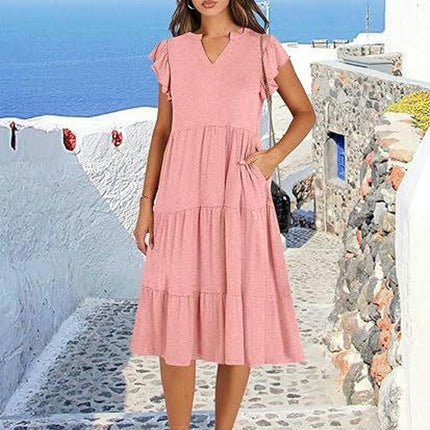 Women's Casual Dress V Neck Ruffle Cap Sleeve Tiered Swing A-Line Midi Dresses