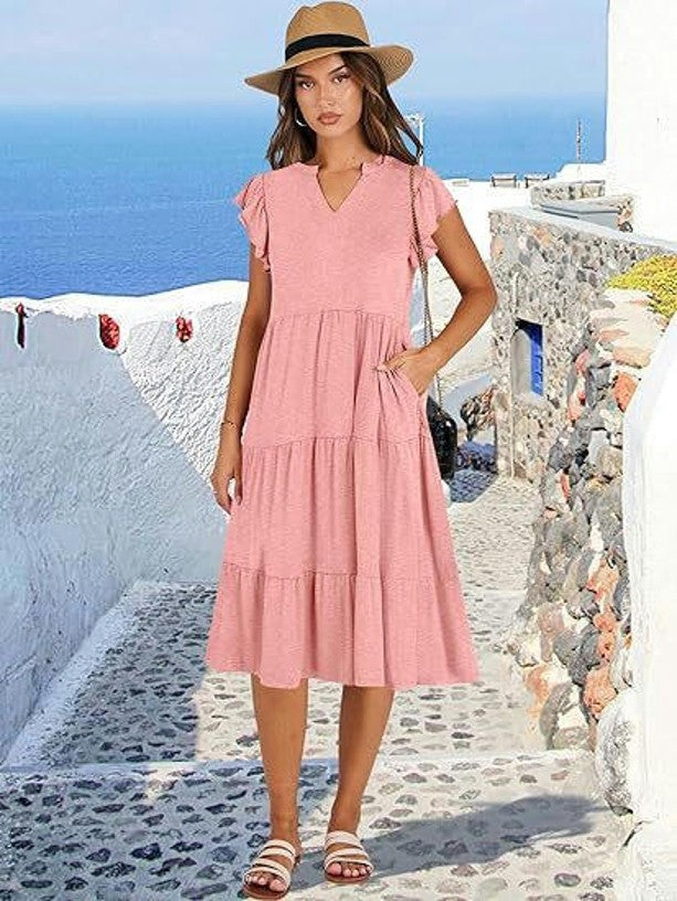 Women's Casual Dress V Neck Ruffle Cap Sleeve Tiered Swing A-Line Midi Dresses