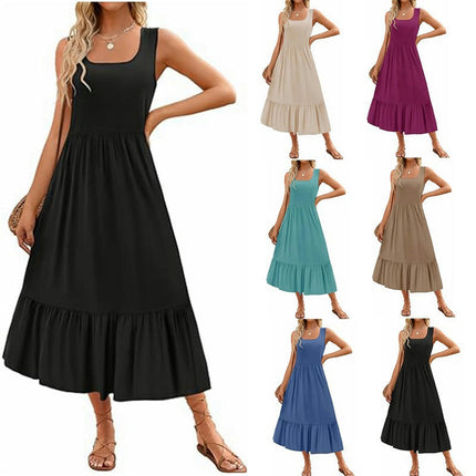 Women Summer Casual Sleeveless Square Neck Maxi Sundress A Line Flowy Tiered Long Dress