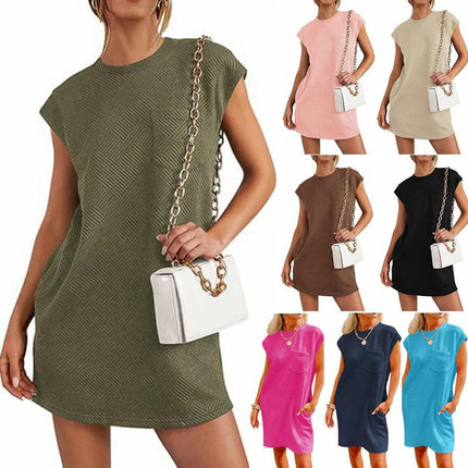 Women's Casual Loose Dress Summer Short Sleeve Crew Neck Mini Dresses with Pockets