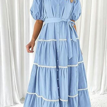 Women's Summer Puff Short Sleeve Button Down Shirt Dress with Belt Flowy Tiered Maxi Dress